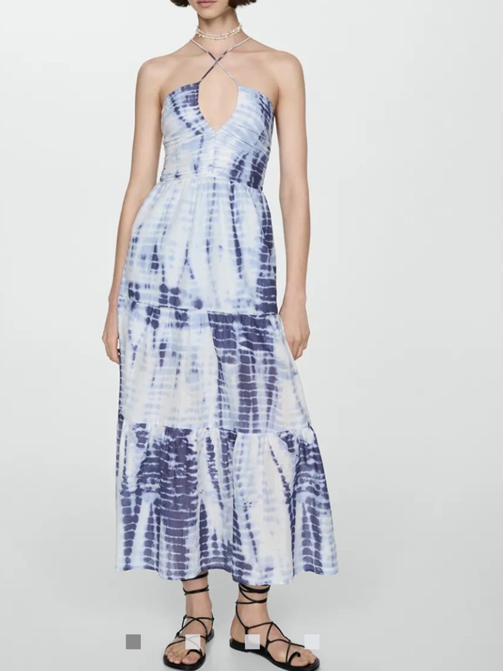 MANGO Blue Tie Dye Halter Maxi Dress XS NWT Crossover V neck boho lightweight